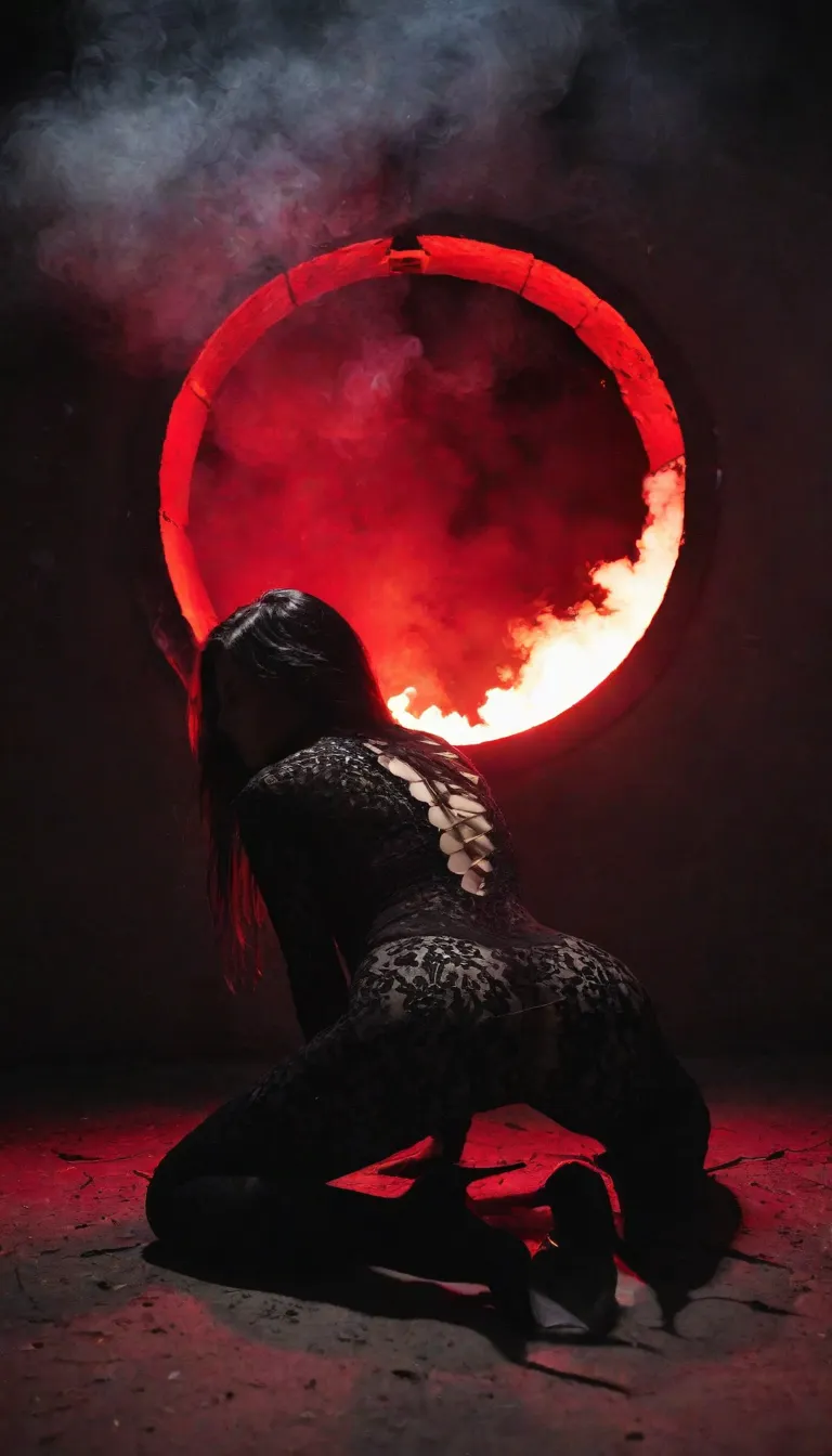 Silhouette féminine adulte sous une lumière scénique rouge